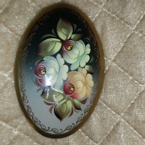 Vintage Russian Hand Painted Lacquerware Roses Brooch Pin